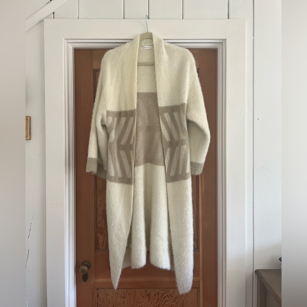 Anthropologie Cream and Tan Long Open-Front Cardigan